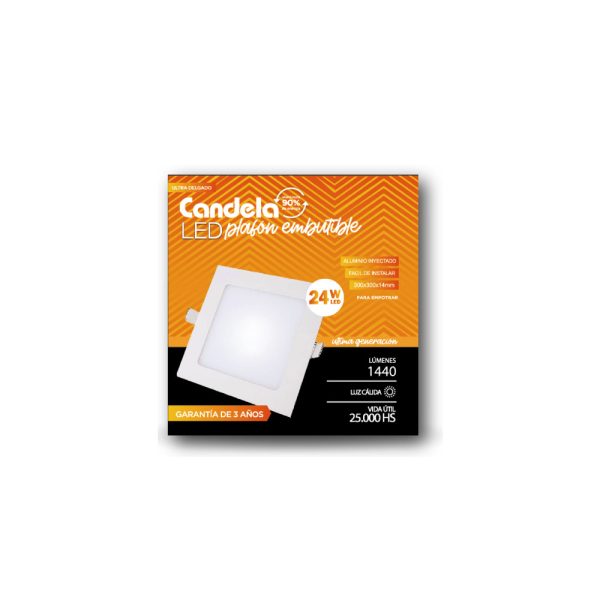 Plafon Led Candela cuadrado embutir 24w. luz calida