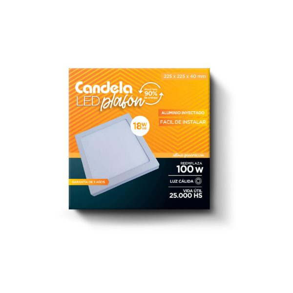 Plafón Led Candela Aplicar Cuadrado 18w. Luz Cálida