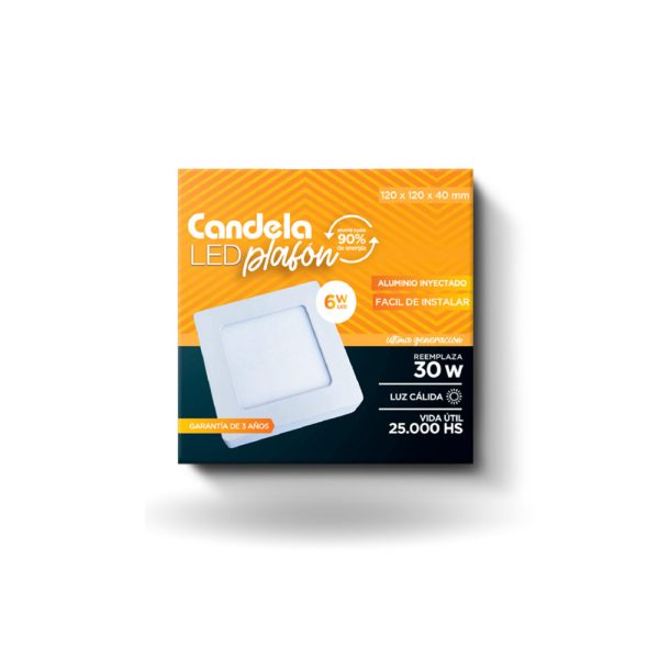 Plafón Led Candela Aplicar Cuadrado 6w. Luz Cálido