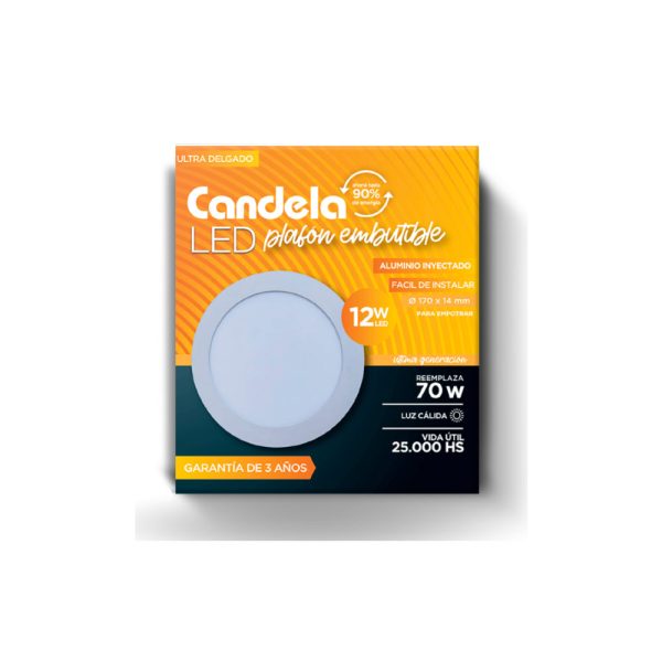 Plafón Led Candela Redondo embutir 12w. Calido