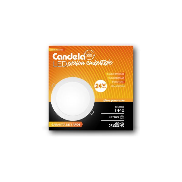 Plafón Led Candela Redondo embutir 24w. luz calida