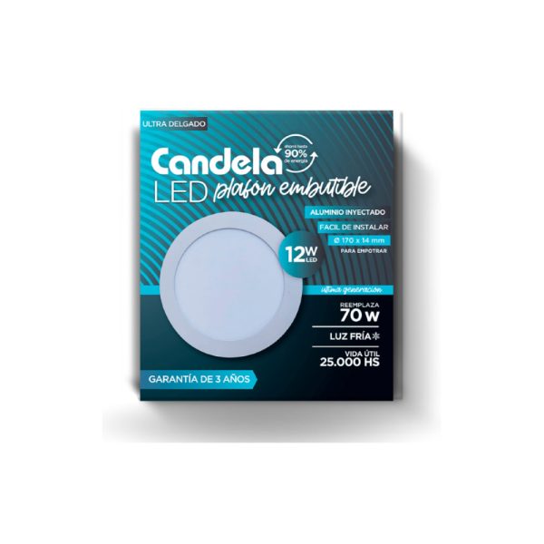 Plafón Led Candela Redondo embutir 12w. Luz Día