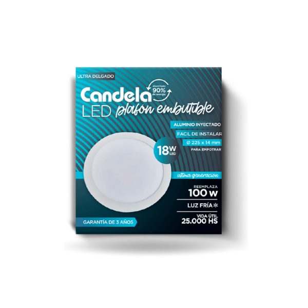 Plafón Led Candela redondo embutir 18w. Luz Dia