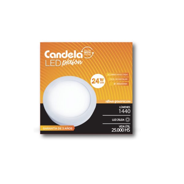 Plafón Led Candela Aplicar Redondo 24w. Luz Día